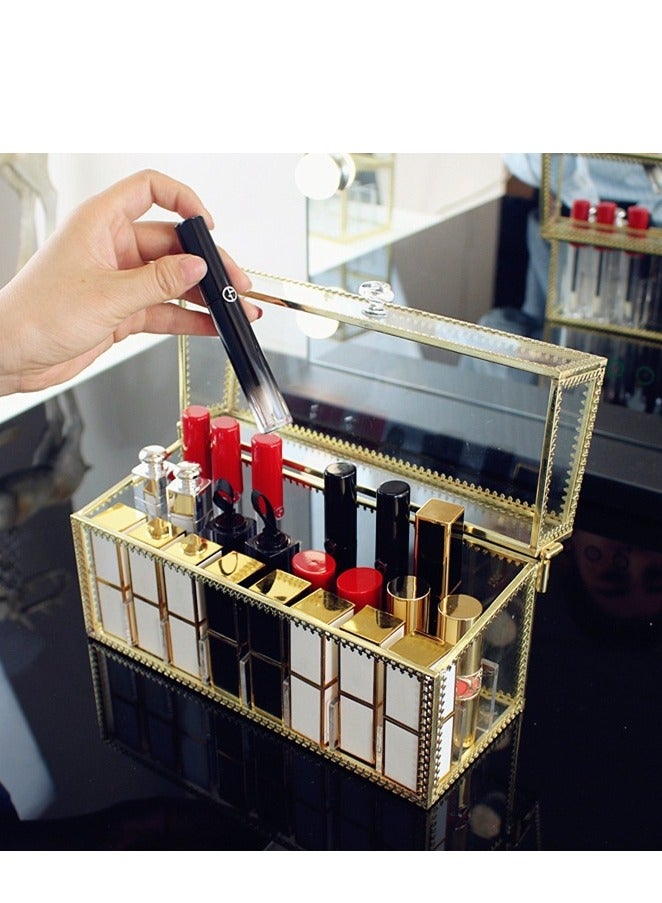 2 Pieces Makeup Organizer Lipstick Holder Lipstick Organiser Cosmetic Storage Box with Lid Dust Free Glass Transparent Lip Gloss Eye Liner Vanity Cabinet (Gold 24 Grids） - Image 3