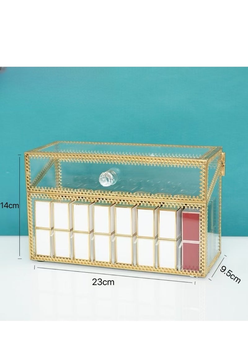 2 Pieces Makeup Organizer Lipstick Holder Lipstick Organiser Cosmetic Storage Box with Lid Dust Free Glass Transparent Lip Gloss Eye Liner Vanity Cabinet (Gold 24 Grids） - Image 5