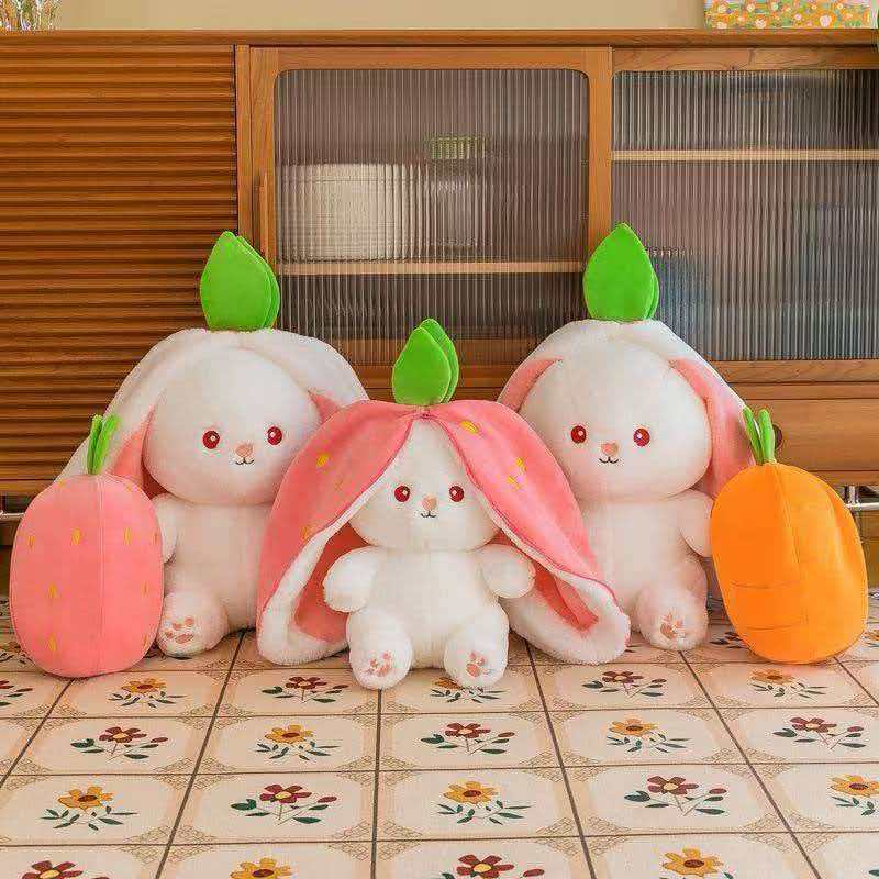 Strawberry Rabbit Transformable Plush Toy - Bunny Doll with Carrot, Soft Stuffed Animal Gift - Image 1