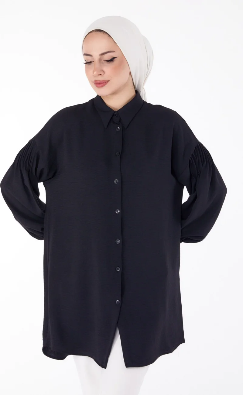 Tofisa Plain Shirt Collar Women's Black Shirt with Drawstring Sleeves - 25686