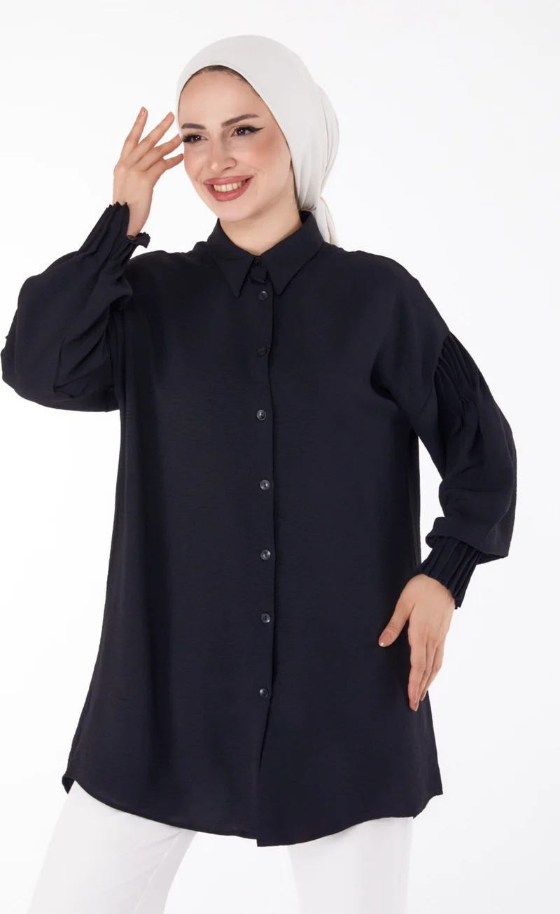 Tofisa Plain Shirt Collar Women's Black Shirt with Drawstring Sleeves - 25686