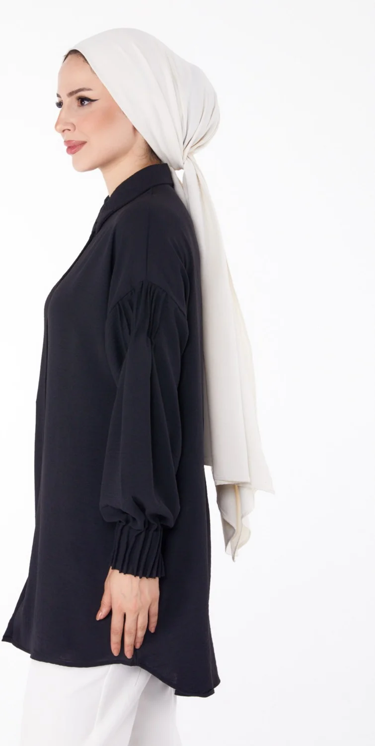 Tofisa Plain Shirt Collar Women's Black Shirt with Drawstring Sleeves - 25686