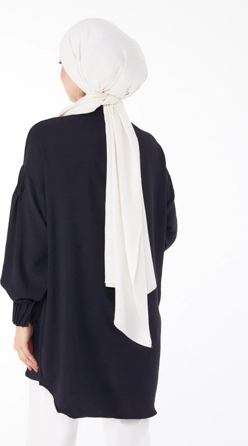 Tofisa Plain Shirt Collar Women's Black Shirt with Drawstring Sleeves - 25686