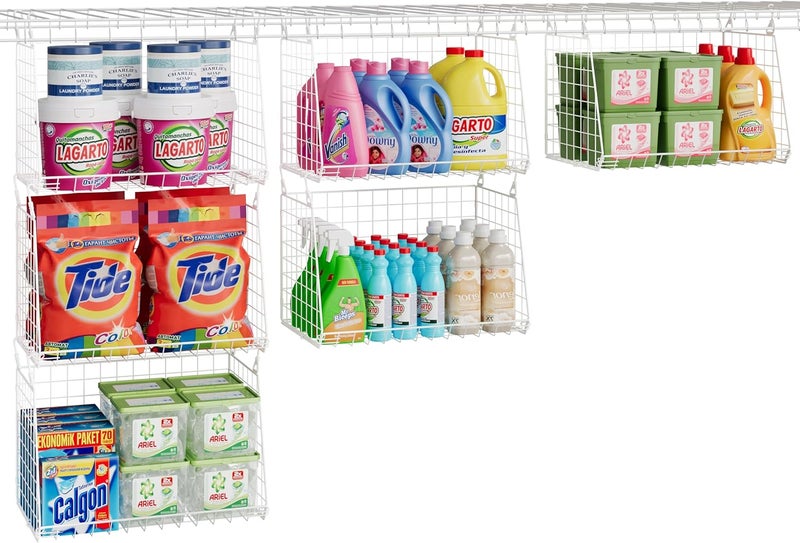 Sonyabecca 3-Pack Large Hanging Laundry Basket: Wire shelves for Laundry Room Organization with 360°Rotating Hooks Foldable Space Saving Over Washer and Dryer Shelves -Metal Laundry Basket Holder, White Patent - Image 1
