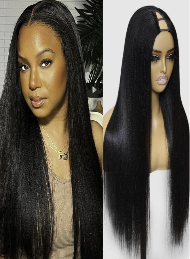 Nadula V Part Wig Yaki Straight Human Hair No Leave Out Glueless Upgraded U Part Wigs for Women,10A Yaki Straight V-part Wigs V Shape Clip in Half Wig Ready to Go 150% Density 16inch - Image 1