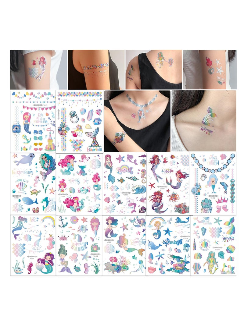 SYOSI Mermaid Temporary Tattoos, for Women Girl Kids, 12sheets Animal Ocean Fake Tattoo Stickers Waterproof, Face Tattoos Stickers Beach Art for Party Birthday Favors Supplies Decorations Gifts  - Image 1