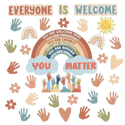 VABAMNA Boho Bulletin Board Decorations for Classroom, 35Pcs Everyone is Welcome Classroom Positive Motivational Inspirational Affirmation Wall Decor Boho Rainbow Cutouts for Teacher School Supplies - Image 1