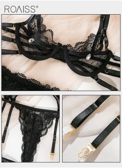 roaiss Lace Hollow Out Lingerie Set for Women with Drill Particles Decor Mesh Yarn See Through Spaghetti Strap Underwear Suit with Garter Ladies Slim Fit Comfy Bodysuit for Adults  - Image 3
