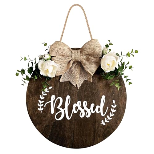 Blessed Farmhouse Welcome Sign Round Wood Hanging Door Decor with Ribbon Bow and Artificial Greenery Rustic Front Porch Wreath for Thanksgiving Christmas Brown Home Entry Decor