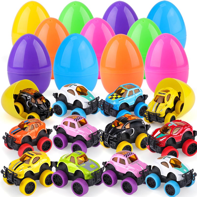 nicknack 12Pcs Prefilled Easter Eggs with Alloy Monster Trucks for Kids Easter Eggs Filled with Pull Back Monster Cars for Easter Egg Hunt Easter Basket Stuffers Cars for Girl Boys Kids Party Favor - Image 3