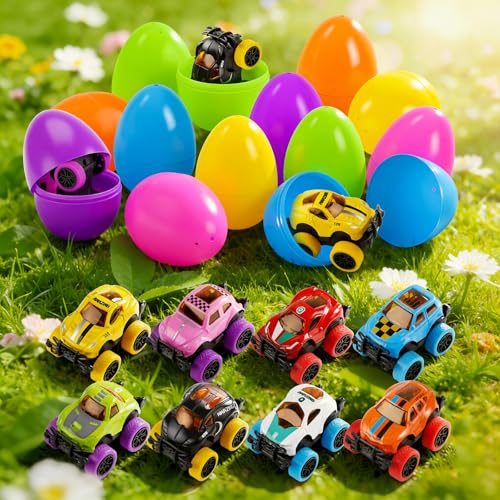 nicknack 12Pcs Prefilled Easter Eggs with Alloy Monster Trucks for Kids Easter Eggs Filled with Pull Back Monster Cars for Easter Egg Hunt Easter Basket Stuffers Cars for Girl Boys Kids Party Favor - Image 5