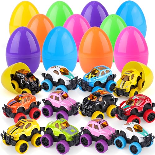 nicknack 12Pcs Prefilled Easter Eggs with Alloy Monster Trucks for Kids Easter Eggs Filled with Pull Back Monster Cars for Easter Egg Hunt Easter Basket Stuffers Cars for Girl Boys Kids Party Favor - Image 1