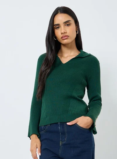 Styli Styli Dark Green Ribbed Knit Sweater