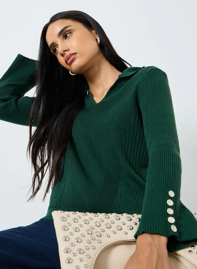 Styli Styli Dark Green Ribbed Knit Sweater