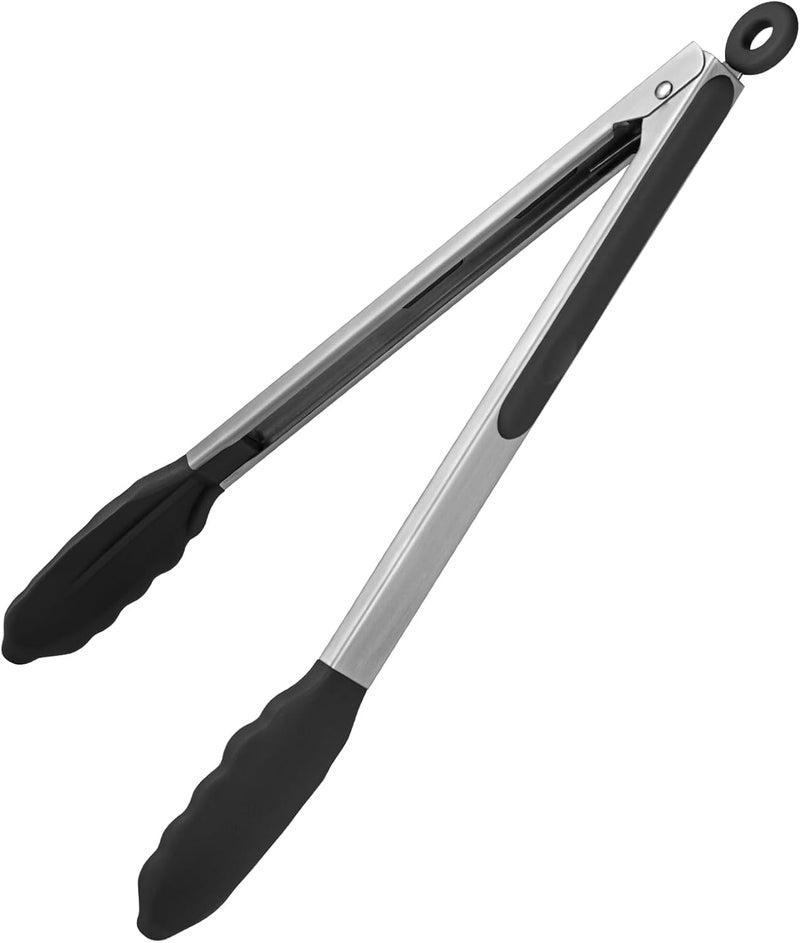 UTaste 600ºF Heat Resistant Kitchen Tongs: 12 inch Large Silicone Cooking Tong with Sturdy Non Stick Rubber Tips & Silicon Coated 18/8 Stainless Steel Handle & Smooth Locking for Serving Grill(Black) - Image 1