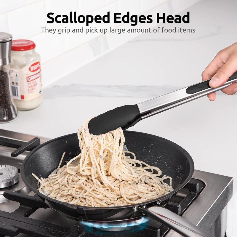 UTaste 600ºF Heat Resistant Kitchen Tongs: 12 inch Large Silicone Cooking Tong with Sturdy Non Stick Rubber Tips & Silicon Coated 18/8 Stainless Steel Handle & Smooth Locking for Serving Grill(Black) - Image 4