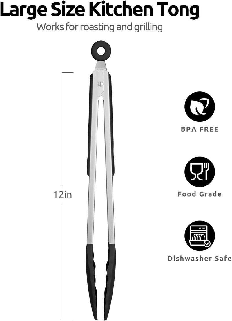 UTaste 600ºF Heat Resistant Kitchen Tongs: 12 inch Large Silicone Cooking Tong with Sturdy Non Stick Rubber Tips & Silicon Coated 18/8 Stainless Steel Handle & Smooth Locking for Serving Grill(Black) - Image 2