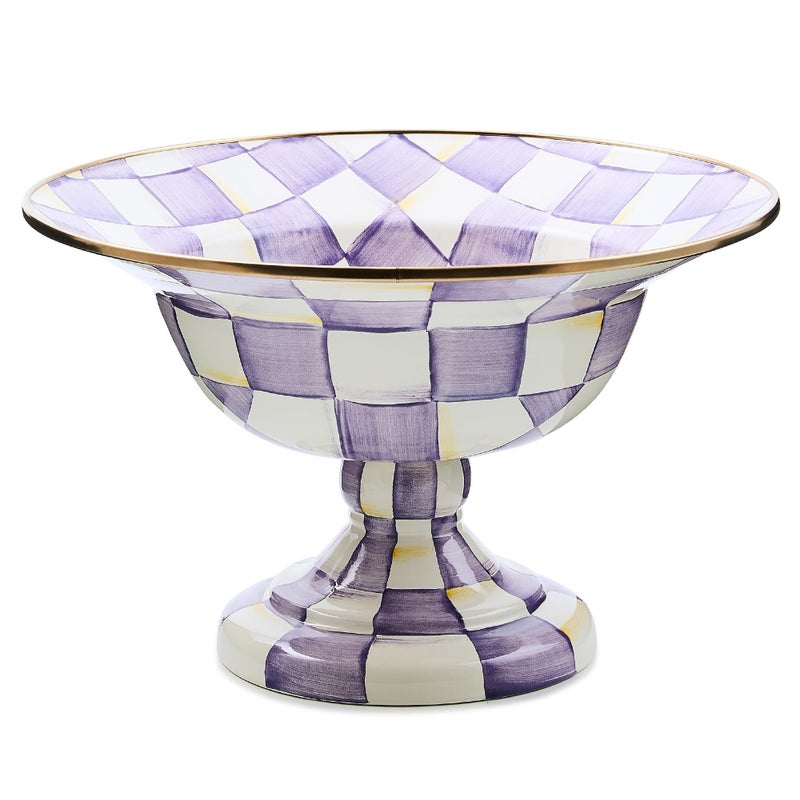 mackenzie childs MACKENZIECHILDS Enamel Compote Pedestal Serving Dish or Decorative Bowl Large PurpleandWhite Violet Check - Image 3