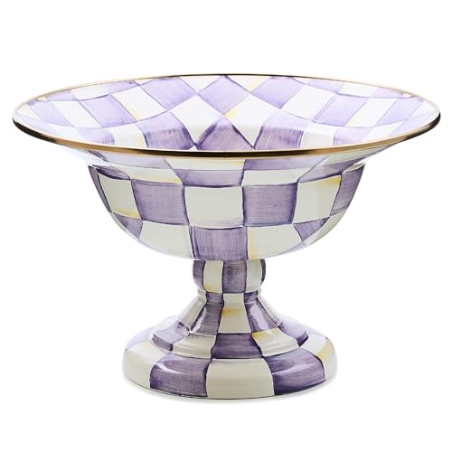 mackenzie childs MACKENZIECHILDS Enamel Compote Pedestal Serving Dish or Decorative Bowl Large PurpleandWhite Violet Check - Image 1