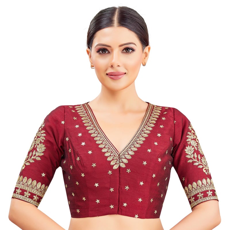 Studio Shringaar Women's V-Neck Embroidered Wedding Saree Blouse (Maroon, 38 - Image 1