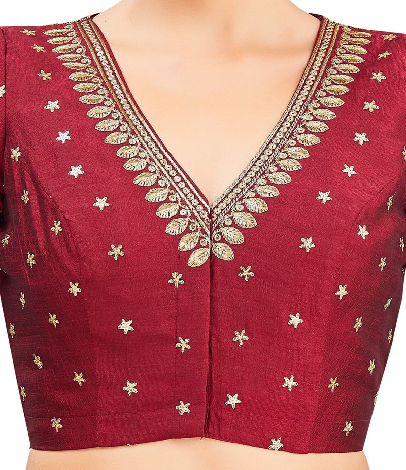 Studio Shringaar Women's V-Neck Embroidered Wedding Saree Blouse (Maroon, 38 - Image 5