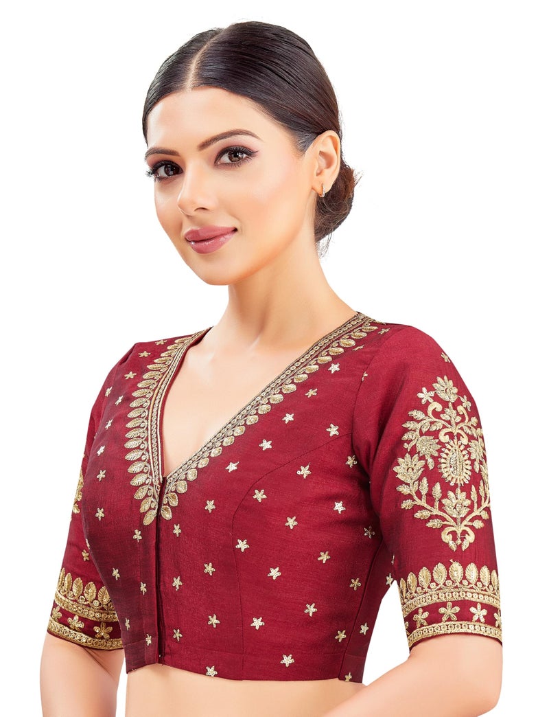 Studio Shringaar Women's V-Neck Embroidered Wedding Saree Blouse (Maroon, 38 - Image 3