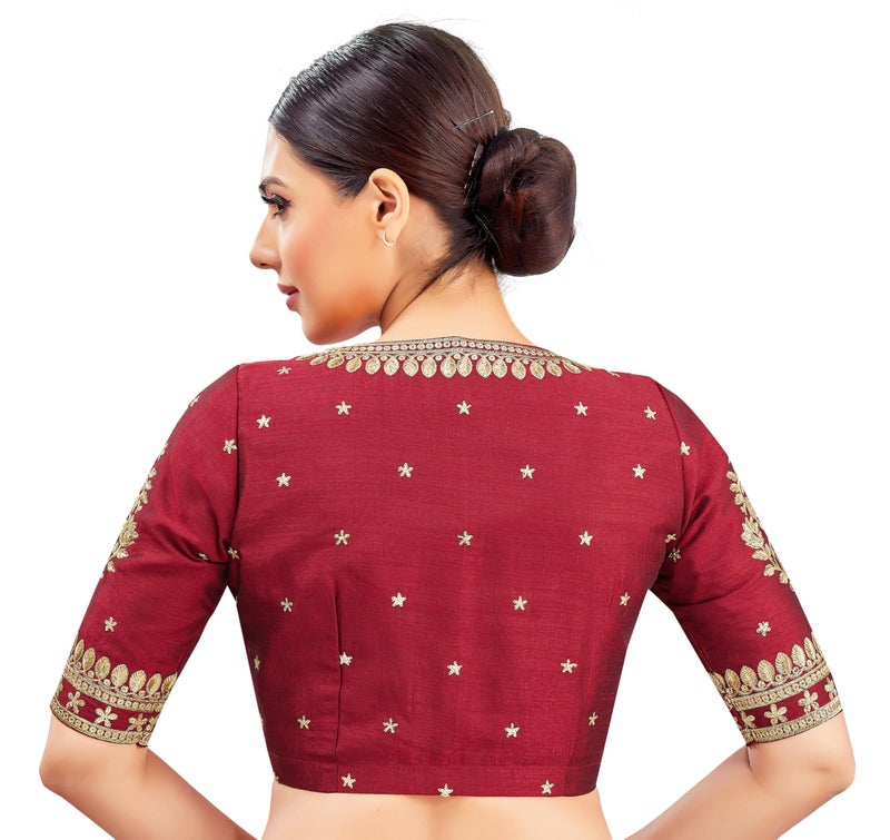 Studio Shringaar Women's V-Neck Embroidered Wedding Saree Blouse (Maroon, 38 - Image 2