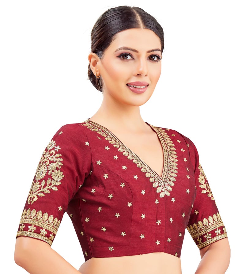 Studio Shringaar Women's V-Neck Embroidered Wedding Saree Blouse (Maroon, 38 - Image 4