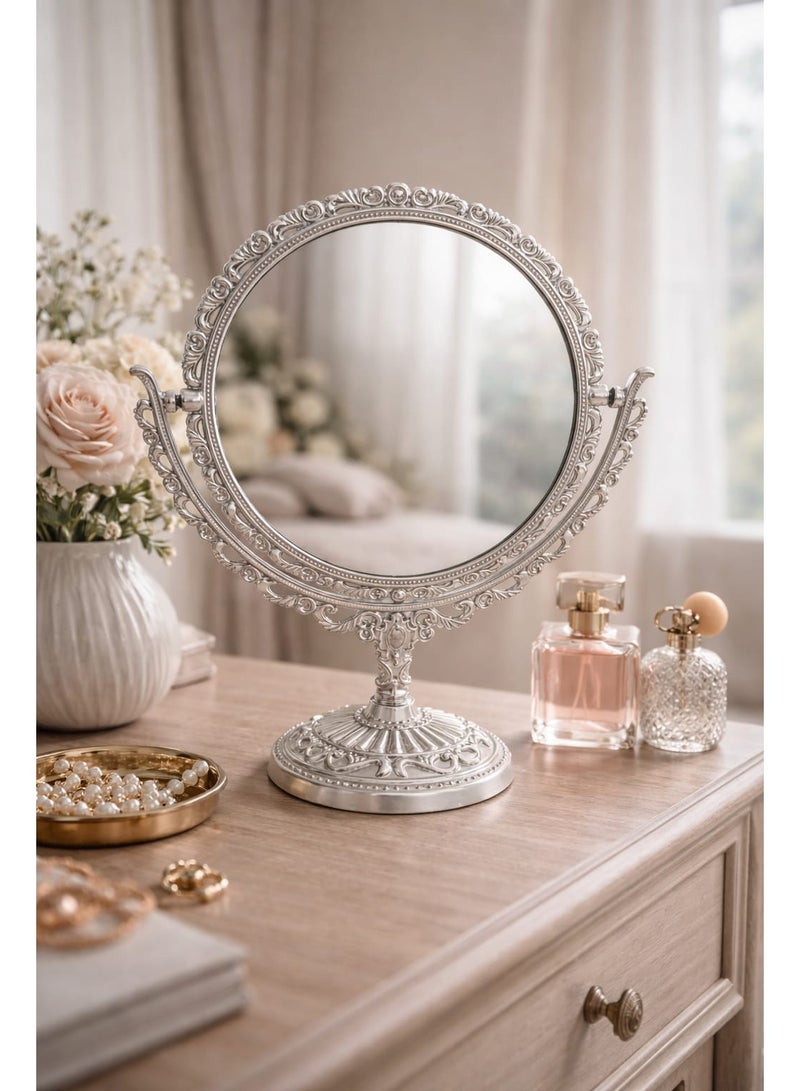Vintage style double-sided vanity mirror, double makeup mirror with SILVER metal frame and decorative stand, elegant classic design for everyday use, suitable for bedroom and bathroom - Image 4