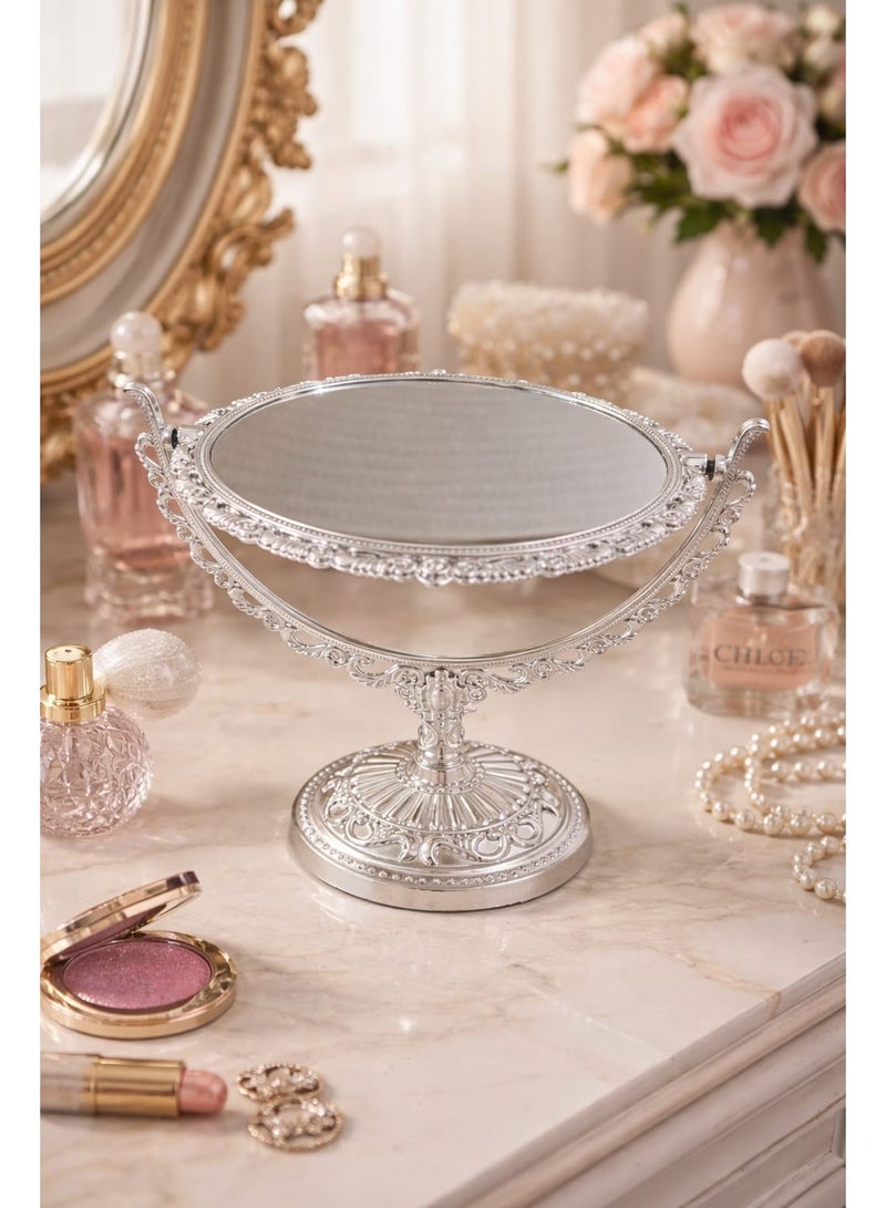 Vintage style double-sided vanity mirror, double makeup mirror with SILVER metal frame and decorative stand, elegant classic design for everyday use, suitable for bedroom and bathroom - Image 3