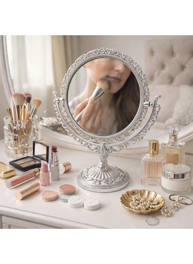 Vintage style double-sided vanity mirror, double makeup mirror with SILVER metal frame and decorative stand, elegant classic design for everyday use, suitable for bedroom and bathroom - Image 2