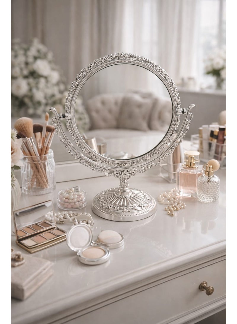 Vintage style double-sided vanity mirror, double makeup mirror with SILVER metal frame and decorative stand, elegant classic design for everyday use, suitable for bedroom and bathroom - Image 1