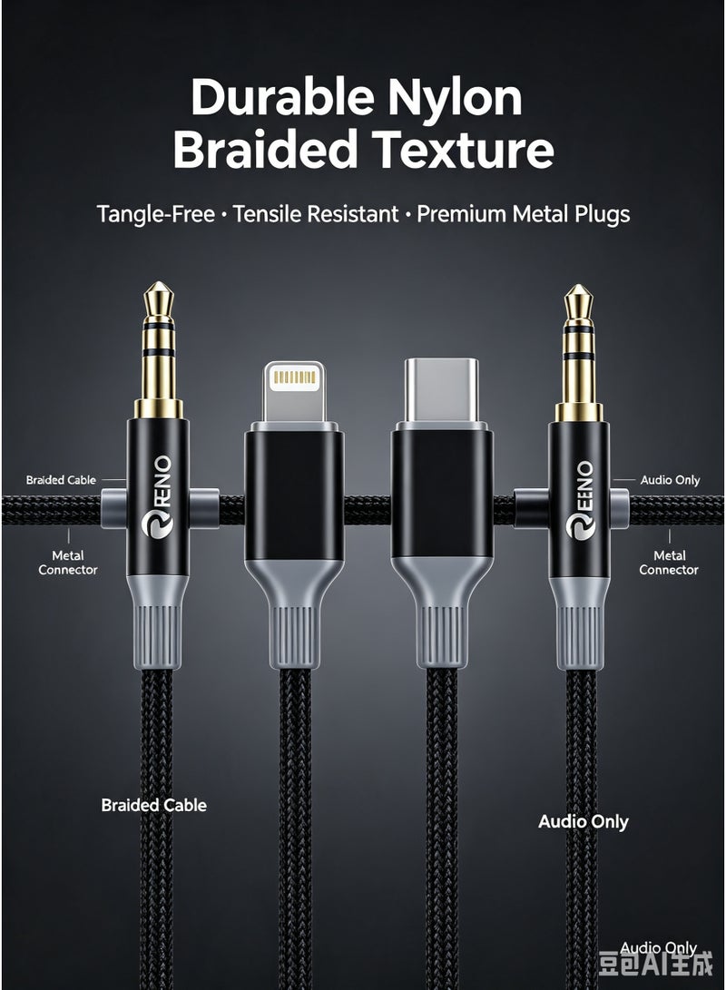 RENO RX-33 3-in-1 Stereo AUX Audio Cable (1.2m) - Lightning, Type-C & 3.5mm to 3.5mm Jack for Car, Phone & Speaker - Image 1
