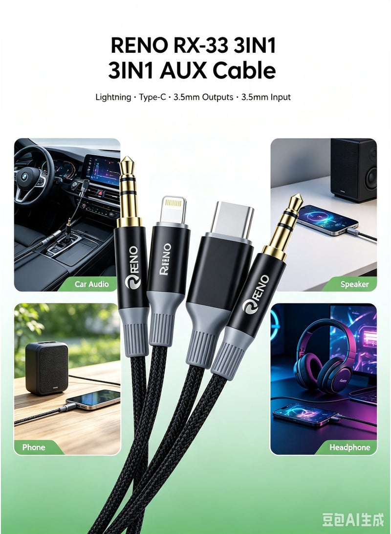 RENO RX-33 3-in-1 Stereo AUX Audio Cable (1.2m) - Lightning, Type-C & 3.5mm to 3.5mm Jack for Car, Phone & Speaker - Image 2