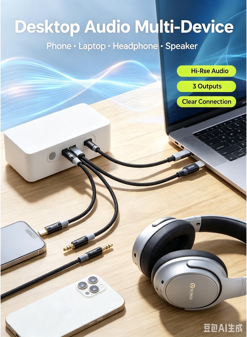 RENO RX-33 3-in-1 Stereo AUX Audio Cable (1.2m) - Lightning, Type-C & 3.5mm to 3.5mm Jack for Car, Phone & Speaker - Image 4