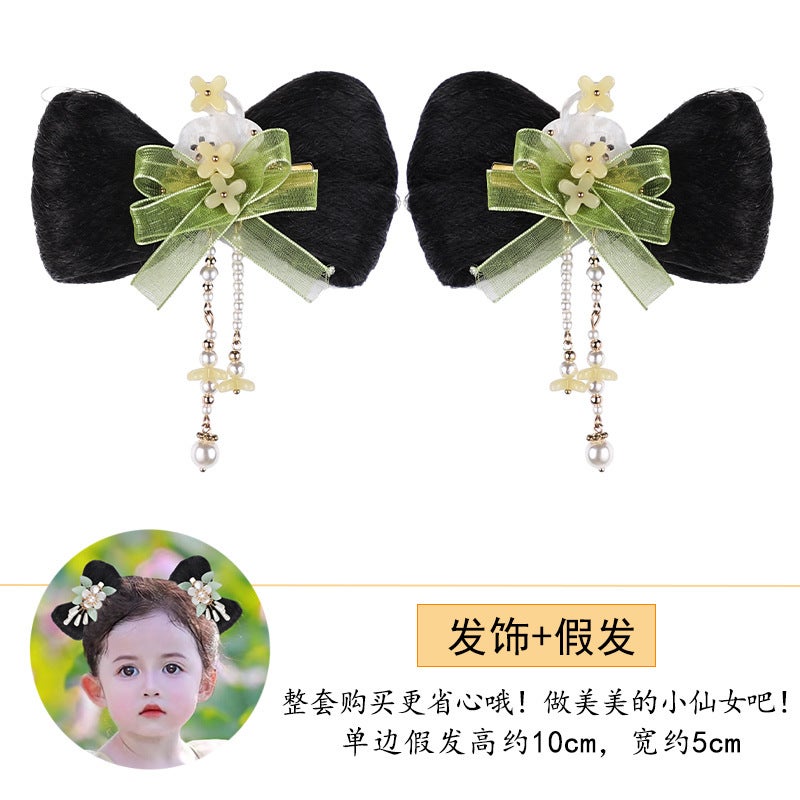 Generic Childrens Hanfu wig bag daily ancient costume bow bun ancient style wig girls hair accessories Headdress Ball head J297 hairpin pair + VP058 wig