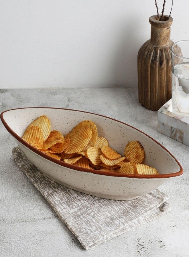 VarEesha White Matt Hand-Made Ceramic Boat Serving Bowl | Microwave Safe Bowl Serving Bowl for Snacks, Pasta, Rice, Dal, Fruits, Salad, Noodles | Hand Crafted Stoneware Serving Dish Lead Free - Image 1