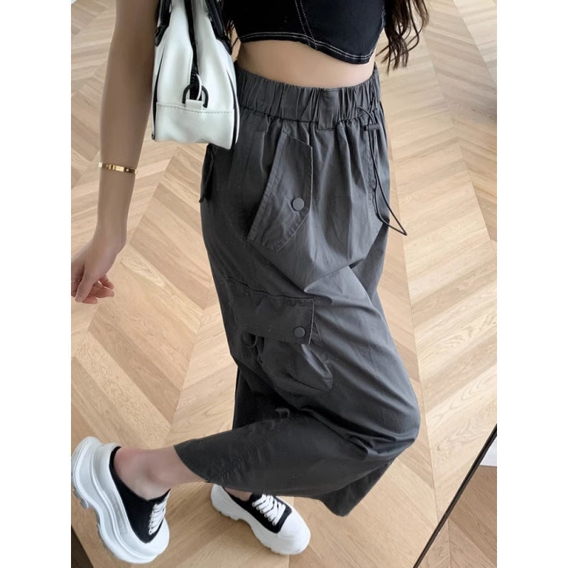 American-Style Workwear Skirt, New Summer Elastic High-Waist Casual Drawstring Workwear Style Petite Slimming A-Line Half Skirt - Image 3