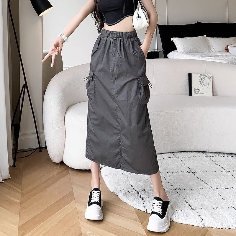 American-Style Workwear Skirt, New Summer Elastic High-Waist Casual Drawstring Workwear Style Petite Slimming A-Line Half Skirt - Image 4