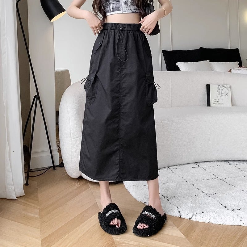 American-Style Workwear Skirt, New Summer Elastic High-Waist Casual Drawstring Workwear Style Petite Slimming A-Line Half Skirt - Image 2