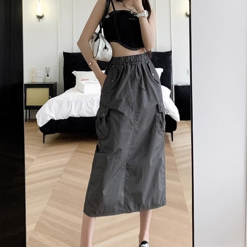 American-Style Workwear Skirt, New Summer Elastic High-Waist Casual Drawstring Workwear Style Petite Slimming A-Line Half Skirt - Image 5