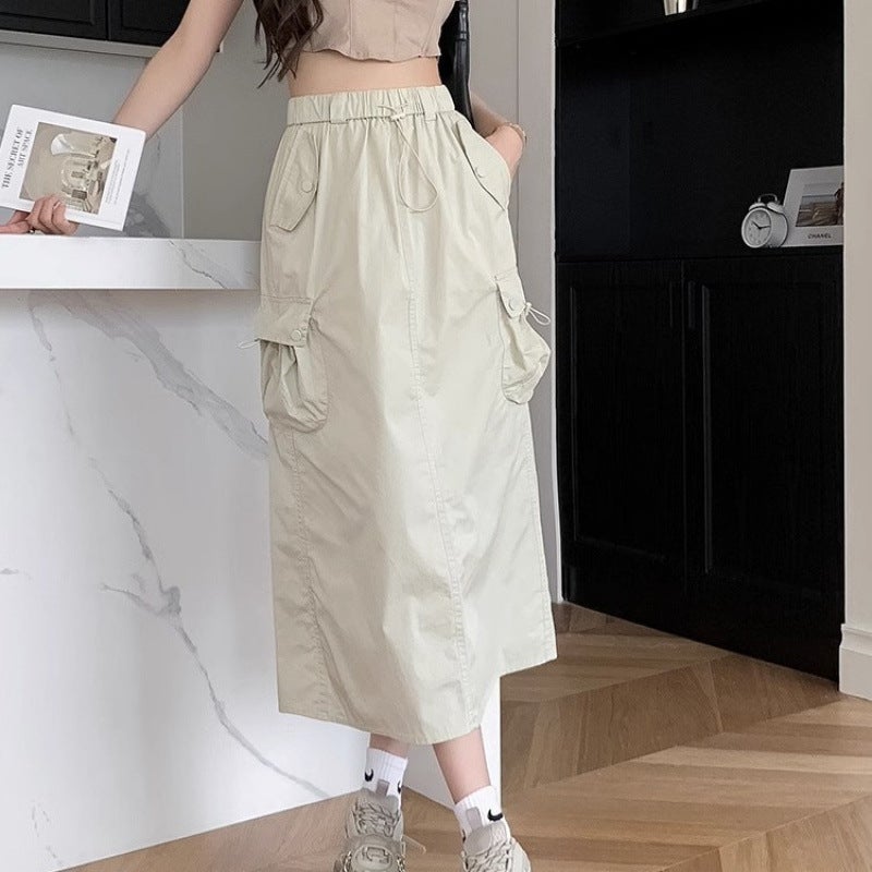 American-Style Workwear Skirt, New Summer Elastic High-Waist Casual Drawstring Workwear Style Petite Slimming A-Line Half Skirt - Image 1