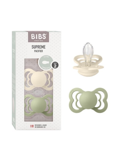 BIBS Pacifiers - Supreme Collection | Symmetrical Nipple | Silicone | Made in Denmark | Set of 2 Ivory/Sage Color Premium Soothers | Size 6-18 Months