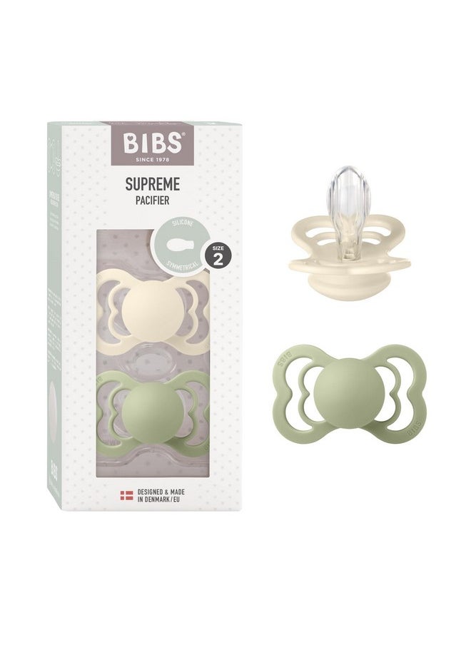 BIBS Pacifiers - Supreme Collection | Symmetrical Nipple | Silicone | Made in Denmark | Set of 2 Ivory/Sage Color Premium Soothers | Size 6-18 Months