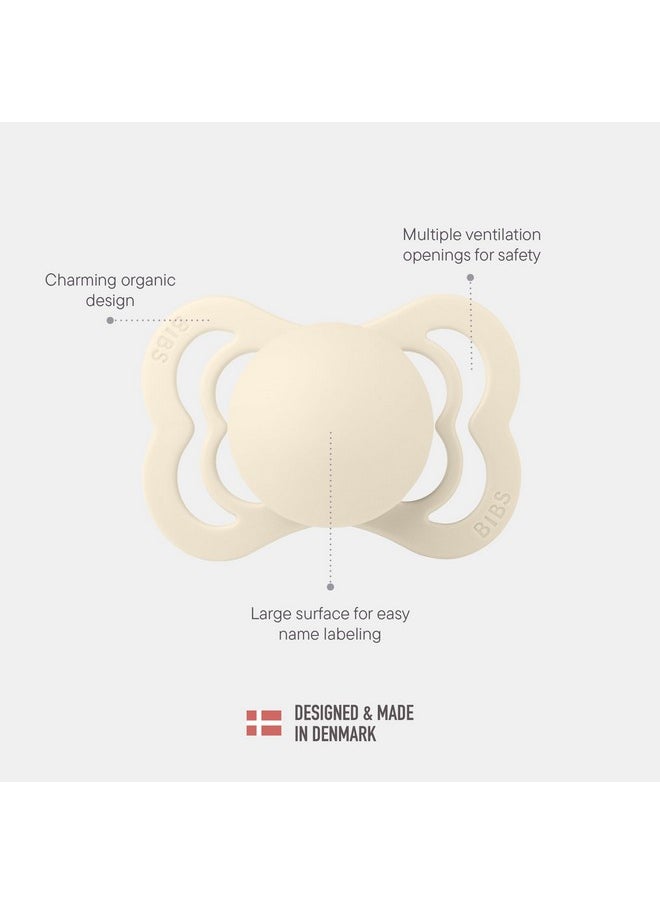 BIBS Pacifiers - Supreme Collection | Symmetrical Nipple | Silicone | Made in Denmark | Set of 2 Ivory/Sage Color Premium Soothers | Size 6-18 Months