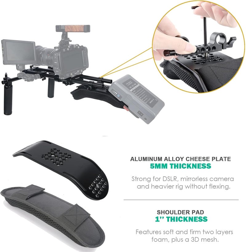 NICEYRIG 15mm Shoulder Pad Support System for DSLR Camera Cinema Camcorder, Shoulder Mount Rig with Base Plate, Aluminum Alloy 16'' 15mm Rod, Handle Set - 435 - Image 2