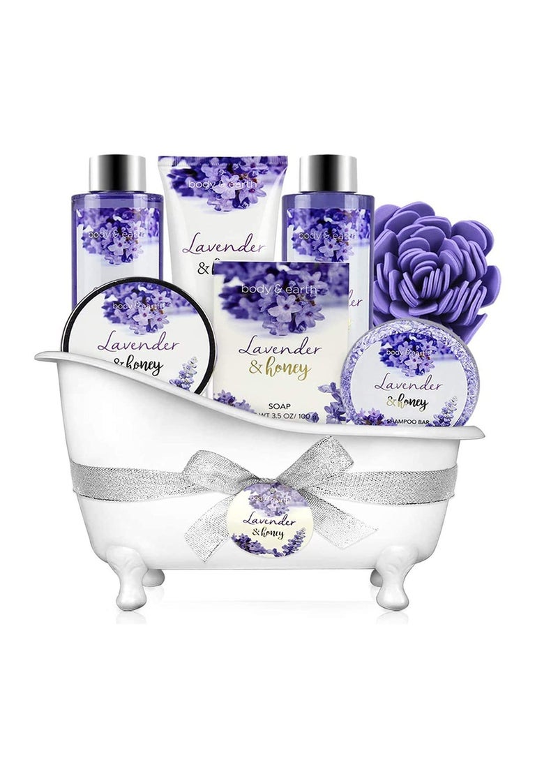 BODY & EARTH Bath and Body Gift Set - Lavender Gifts for Women, Body & Earth Bath & Shower Sets, 8 Pcs Lavender Honey Gift Sets with Bubble Bath, Lotion Set, Soap, Spa Kit for Women, Mothers Day Gifts for Mom  - Image 1