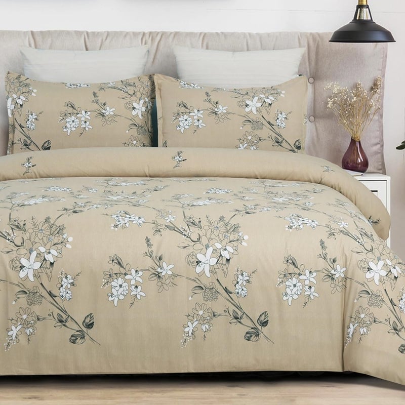 YEPINS Microfiber Quilt Duvet Cover Set with Zipper Closure and Corner Ties BlossomBranch Floral Printed Pattern Camel Colour Super King Size260X220CM