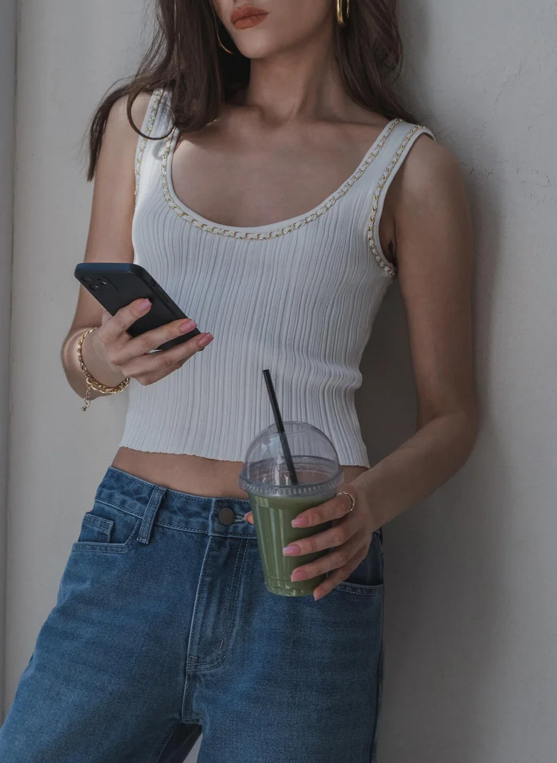 Lichi Ribbed jersey T-shirt with chain decor