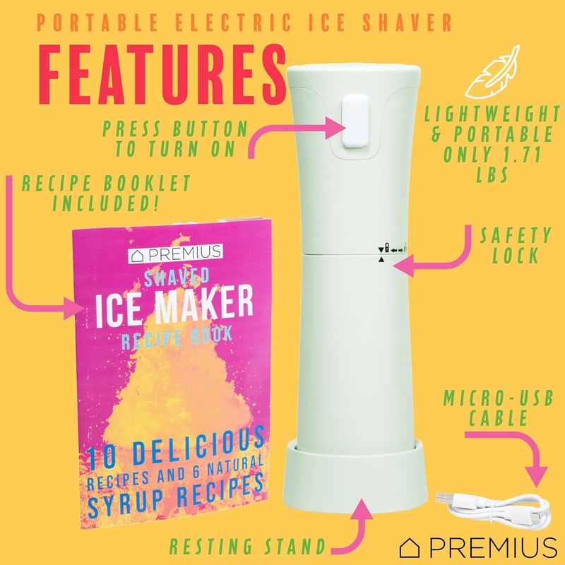 PREMIUS Cordless Shaved Ice Maker by – Lightweight, Rechargeable, Bonus Recipe Book, Resting Stand – Caribbean Shaved Ice! USB Cord Included – Up to 40 Snow Cones Per Charge! No Molds Needed! (Mint) - Image 2